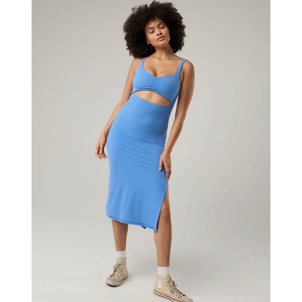 Offline by Aerie Blue Ruched Cutout Midi Dress‎ Athletic Athleisure Large New